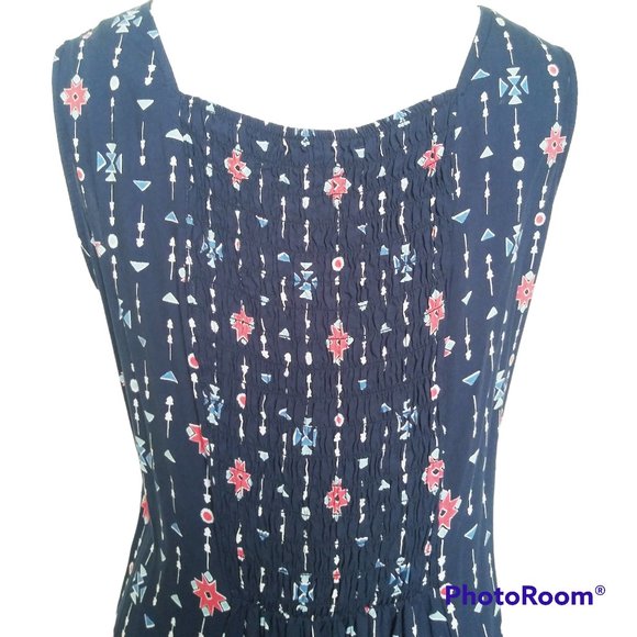 Vtg Y2K Koret Blue Geometric Print Midi Shift Dress Plus Size 1X Sleeveless - Picture 4 of 6